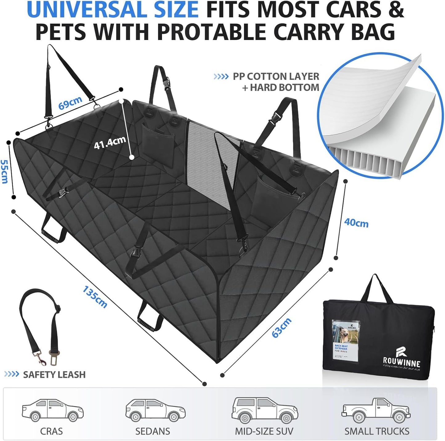 Back Seat Extender for Dogs,Large Space Dog Car Seat Cover,Hard Bottom Dog Car Seat Cover for Back Seat,Study Dog Hammock for Car Support 181Kg,Easy to Install for Cars Trucks Suvs Black