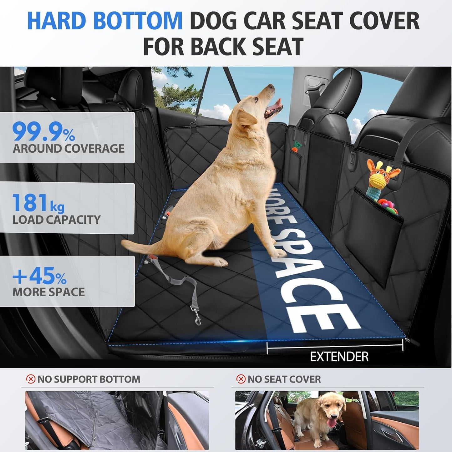 Back Seat Extender for Dogs,Large Space Dog Car Seat Cover,Hard Bottom Dog Car Seat Cover for Back Seat,Study Dog Hammock for Car Support 181Kg,Easy to Install for Cars Trucks Suvs Black